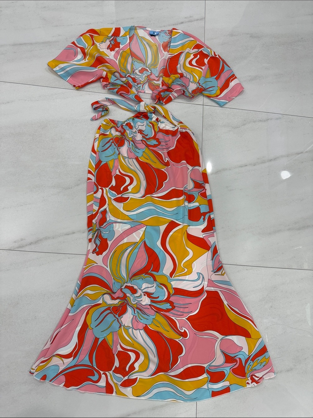 SHEIN Red Pink Multicolor Floral Tie-Back Maxi Dress